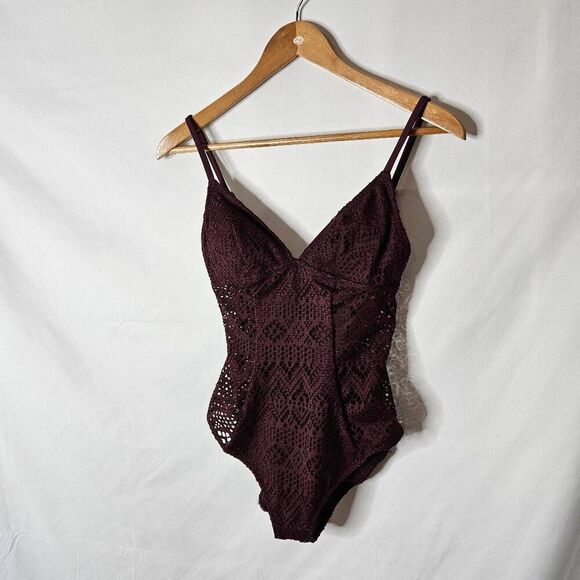 Adore Me Burgundy Lace One‎ Piece Swimsuit sz S - Picture 1 of 5